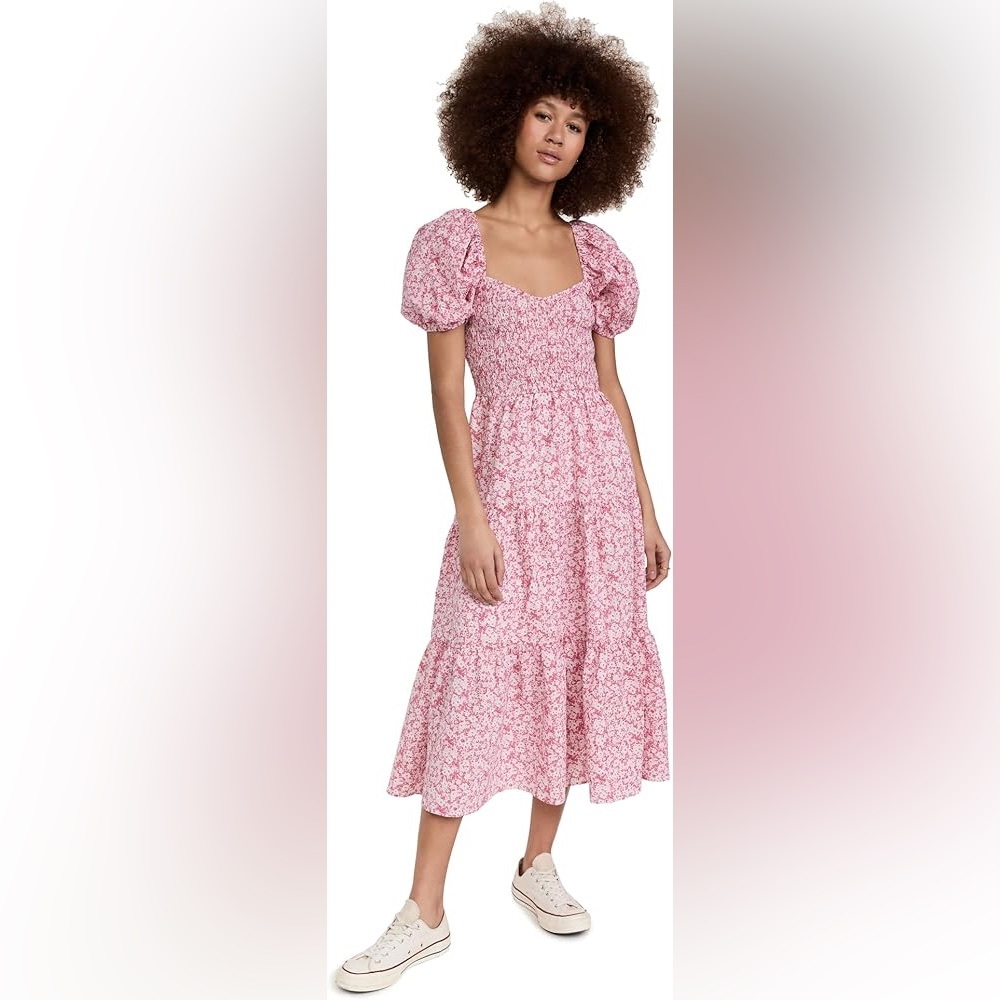 Moon River Tuckernuck Pink Floral Smocked Puff Sleeve Midi Dress Size M